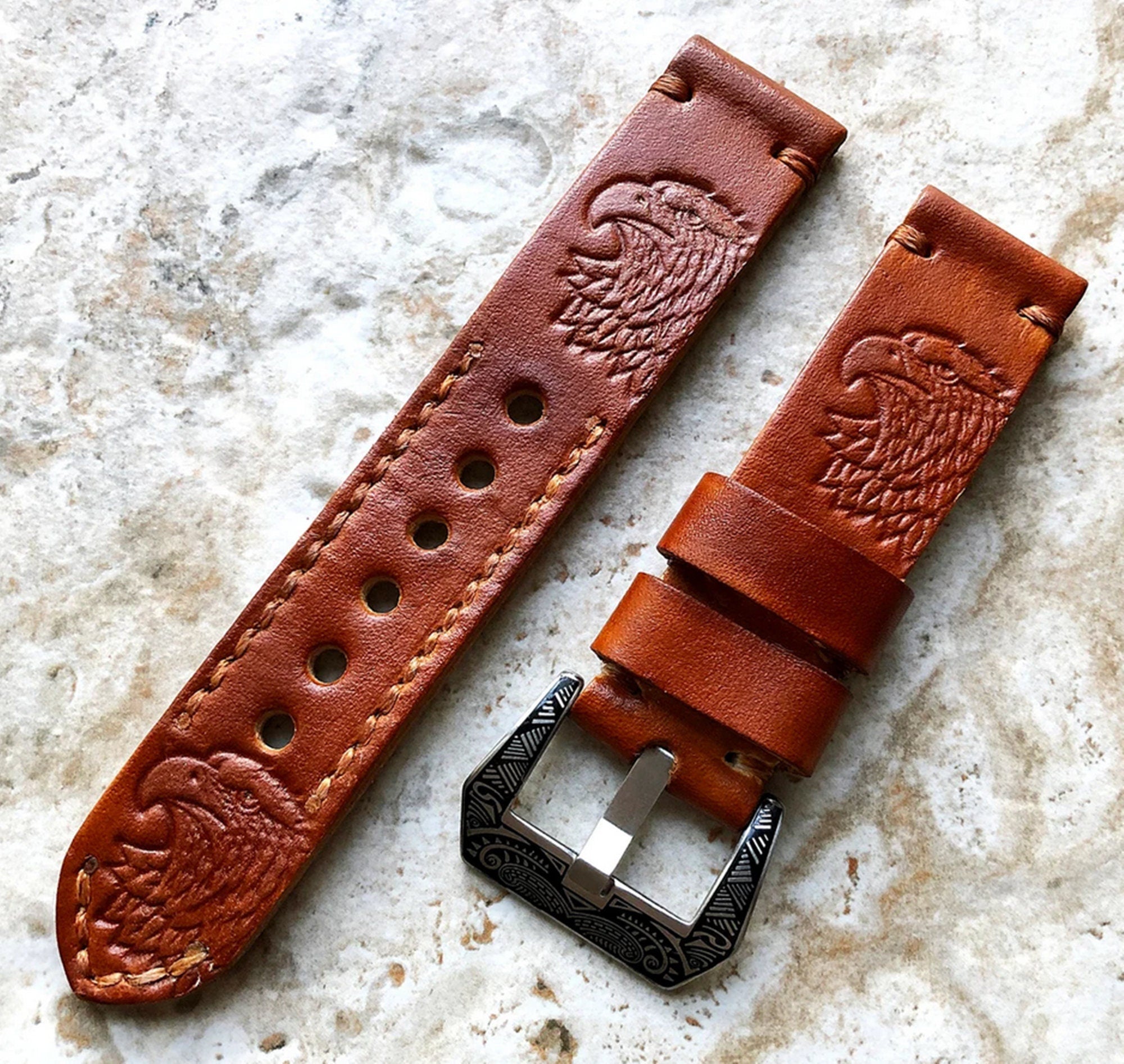 Limited Brown Eagle Head R Band 22mm 24mm 25mm Compatible with Apple Watch Fitbit Versa 2 3 4 Sense 2 Ionic Embossed Real Leather Strap